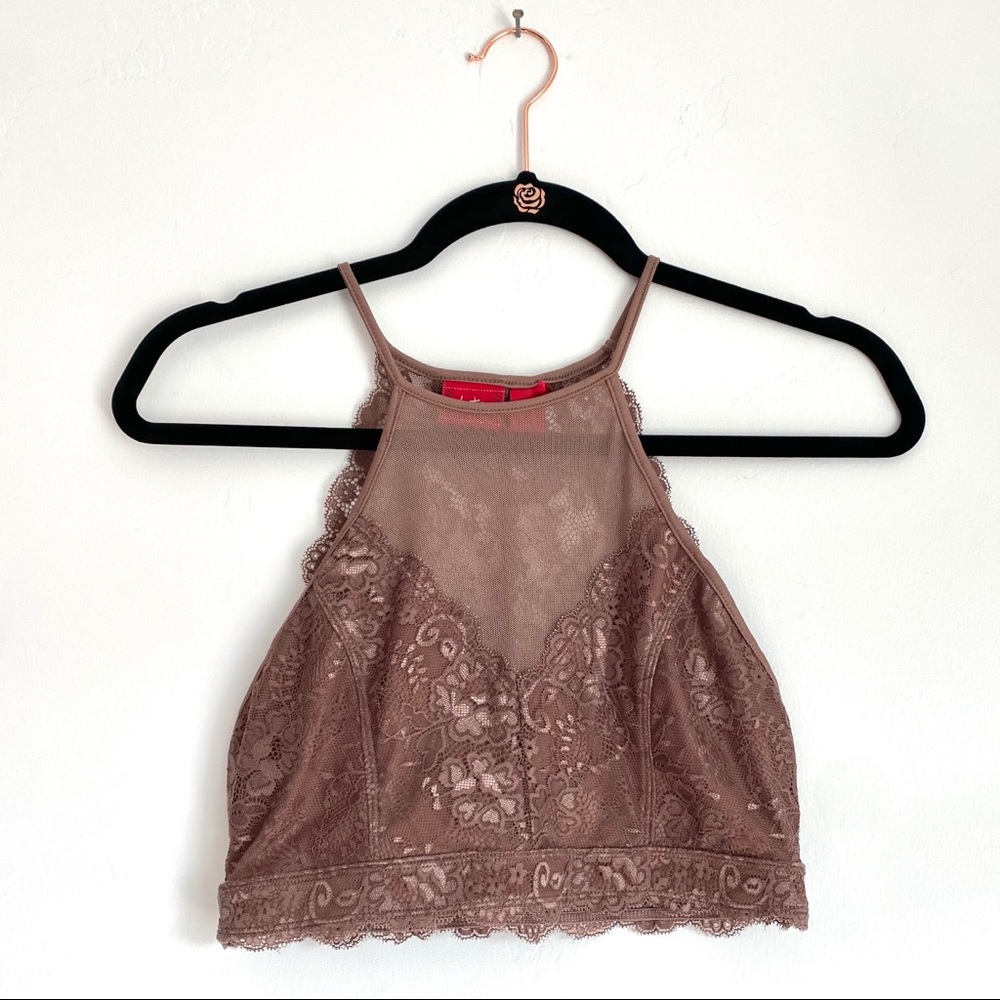 Daytrip Lace Mesh Purple Mauve Spaghetti Strap Halter Bralette Accent Crop Top
